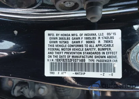 2015 Honda Civic Lx z USA, uszkodzony, nr VIN 19XFB2E53FE071469